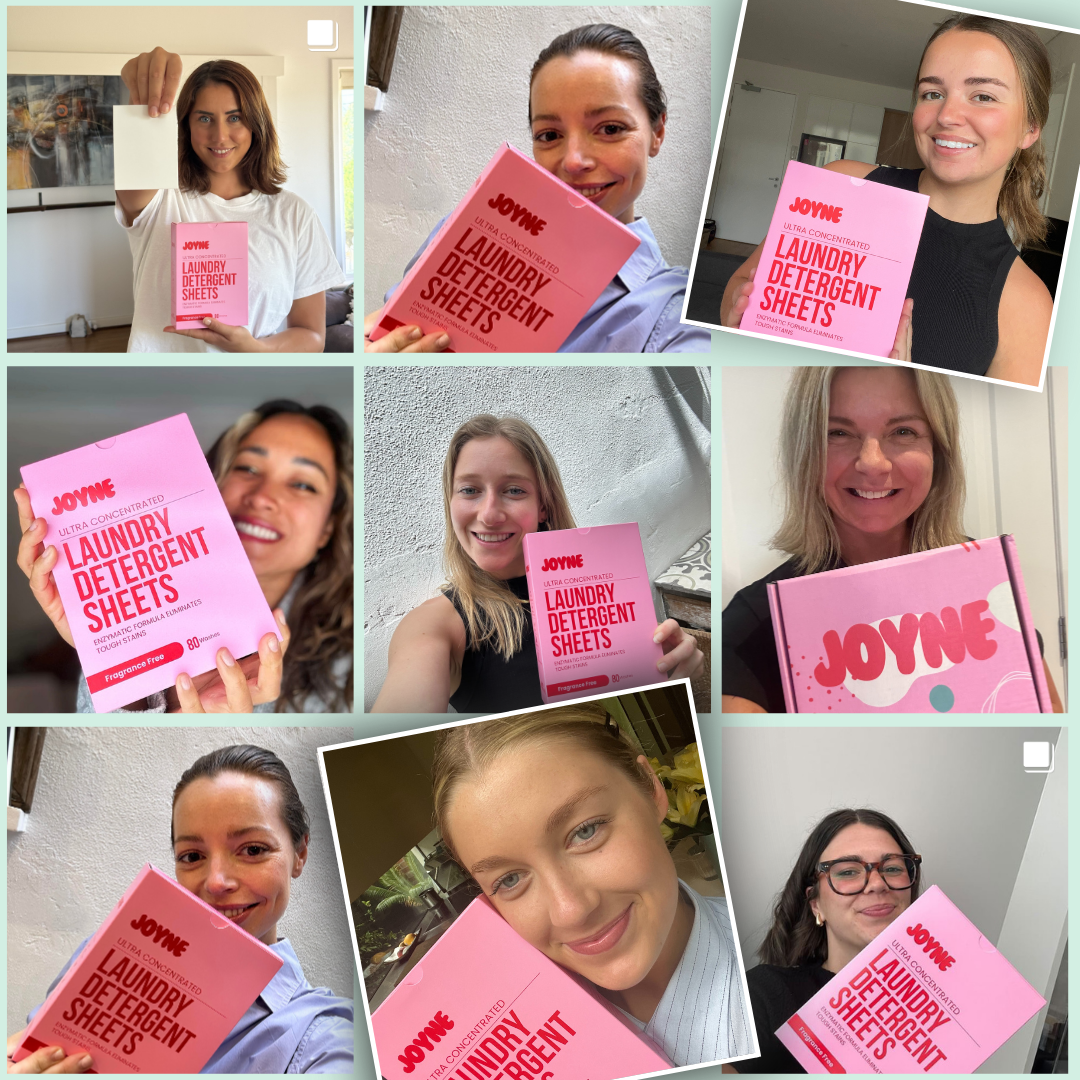 A collage of nine happy female customers holding a pink box of JOYNE laundry detergent sheets
