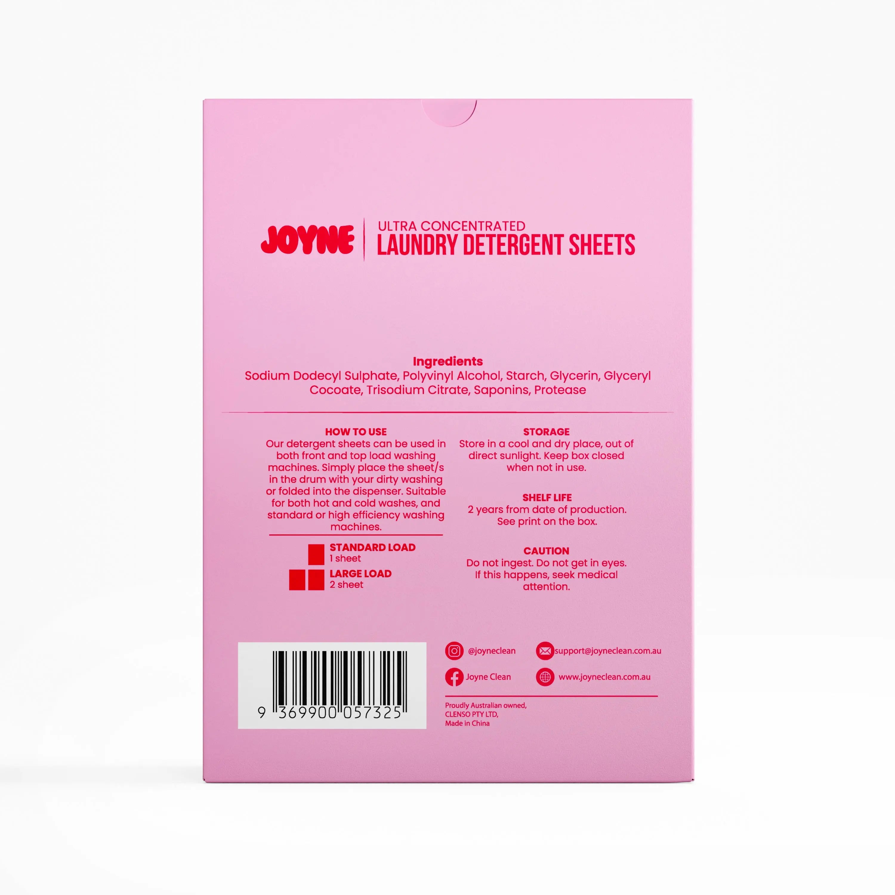 Rear view of a Pink box of JOYNE laundry detergent sheets